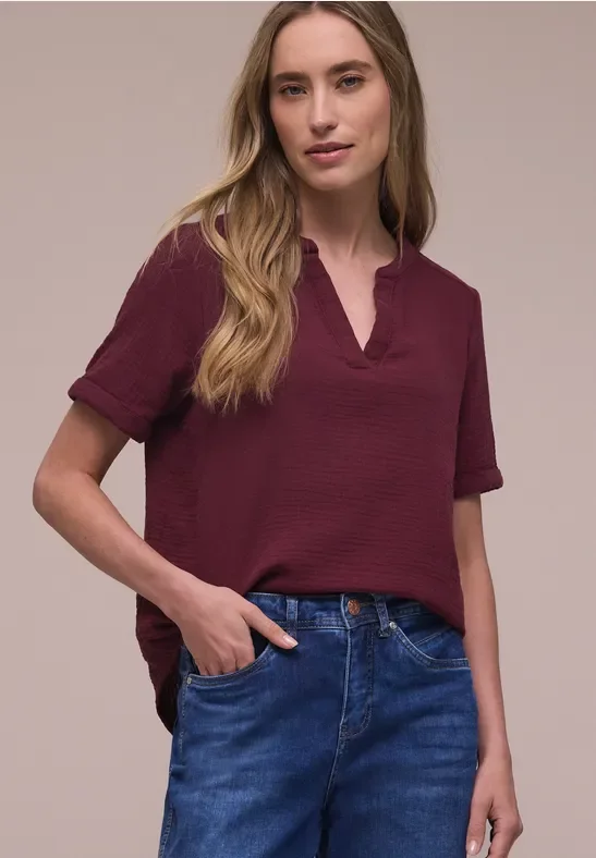 Street One Kurzarm Bluse in Musselinqualität mit Turn-Up