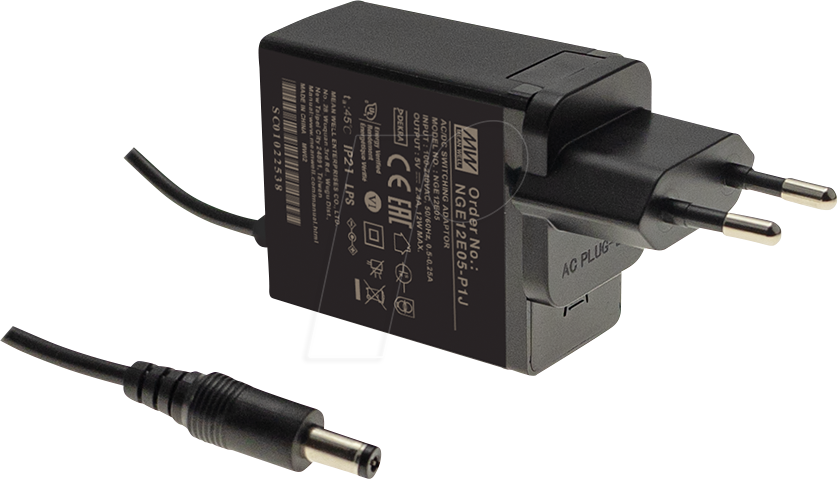 MW NGE12E05-P1J - Steckernetzteil, 12 W, 5 V, 2,4 A, medical