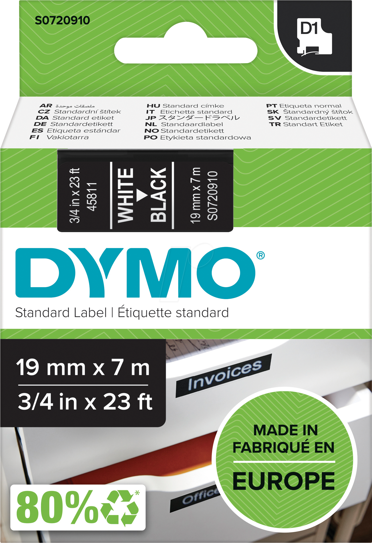 Thumbnail - DYMO D1 45811 - DYMO D1 Schriftband, 19mm, weiß/schwarz