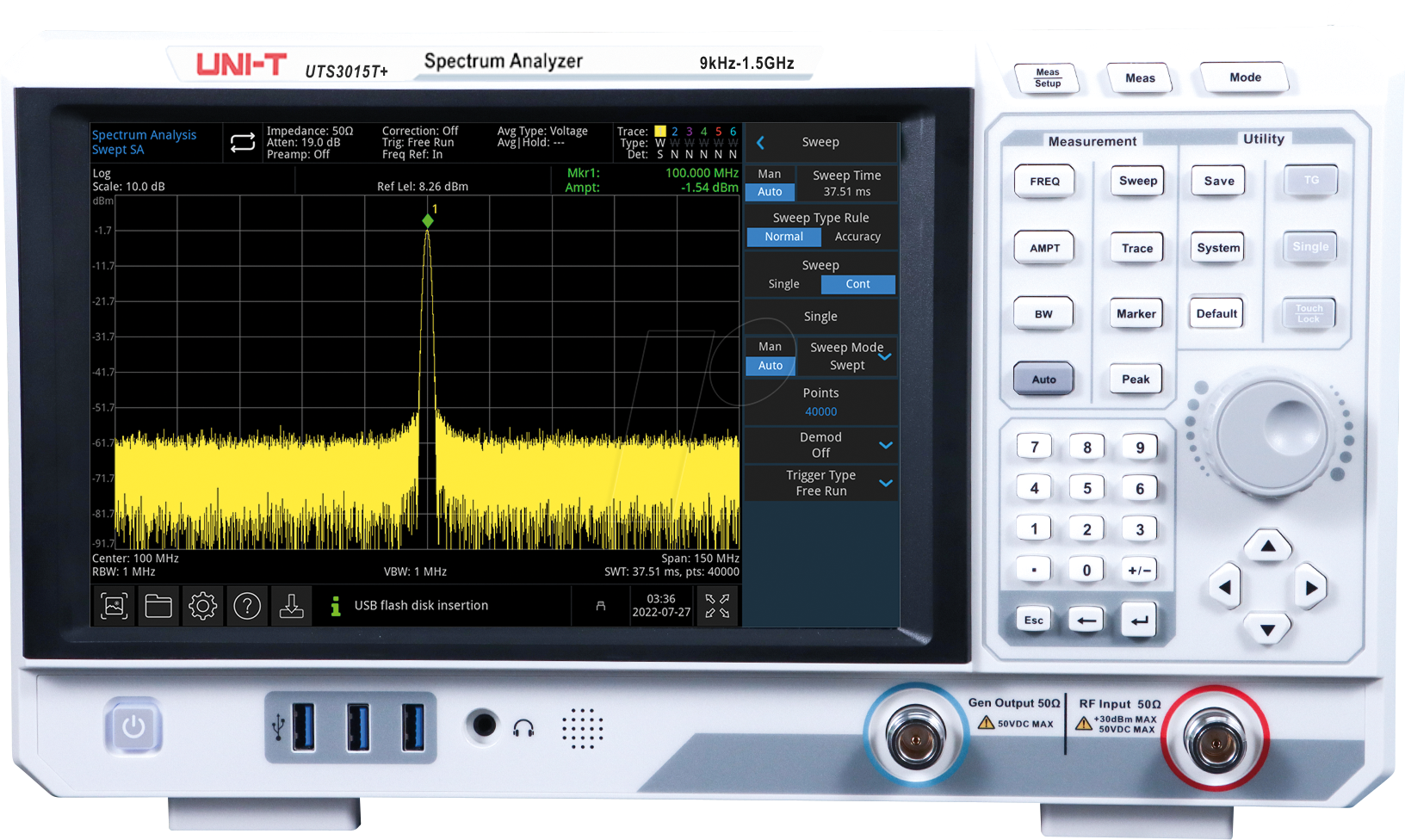 UTS 3015T+ - Spektrumanalysator, UTS3015T+, 9 kHz bis 1,5 GHz, TG-Funktion
