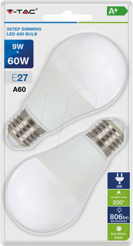 VT-7289 - LED-Lampe E27, 9 W, 806 lm, 4000 K, mit 3-Stufen-Dimmer, 2er-Pac