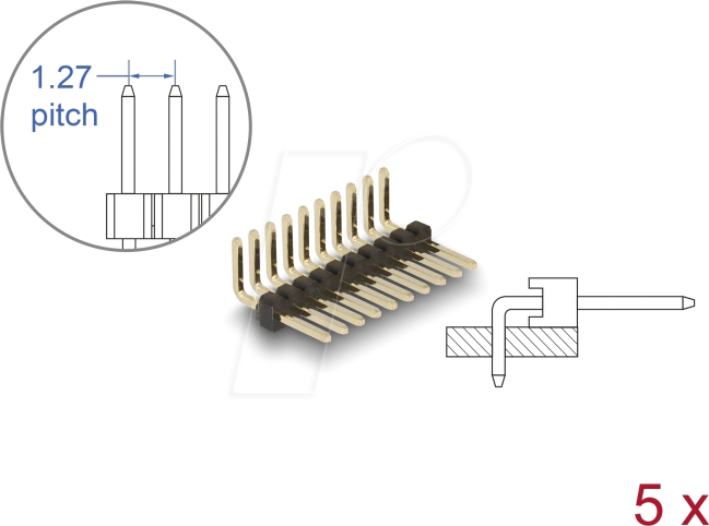 DELOCK 66689 - Stiftleiste 10 Pin, Rastermaß 1,27 mm, 1-reihig, gewinkelt, 5 St