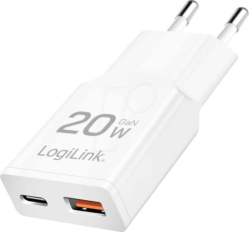 LOGILINK PA0346 - USB-Ladegerät, 20 W, 5-12 V, 1x USB-C, 1x USB-A, 20 W, GaN, weiß