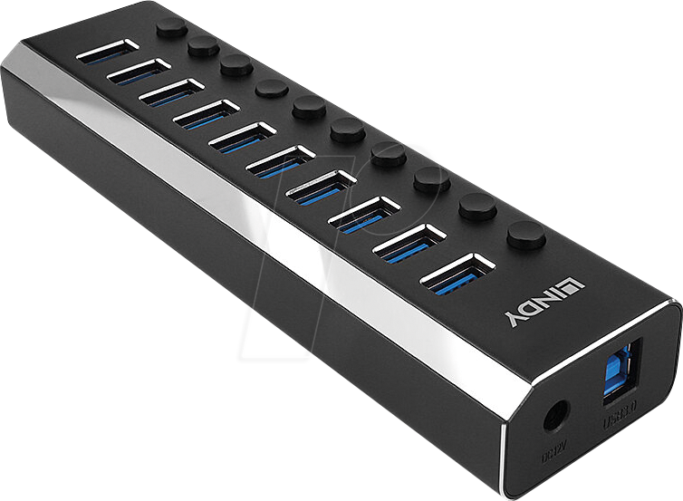 Thumbnail - LINDY 43370 - USB 3.0 10-Port Hub, 10x A, Schalter
