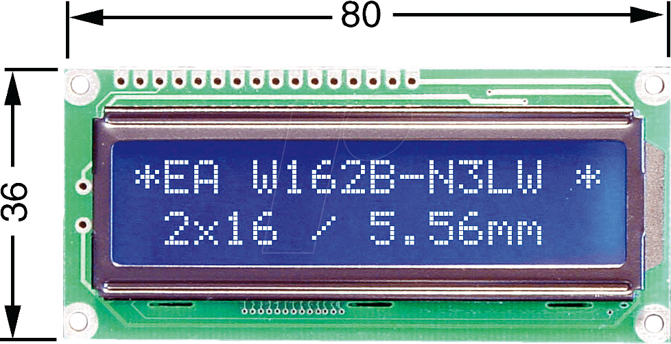 LCD 162C BL - LCD-Modul, 2x16, H:5,6mm, bl/ws, m.Bel.