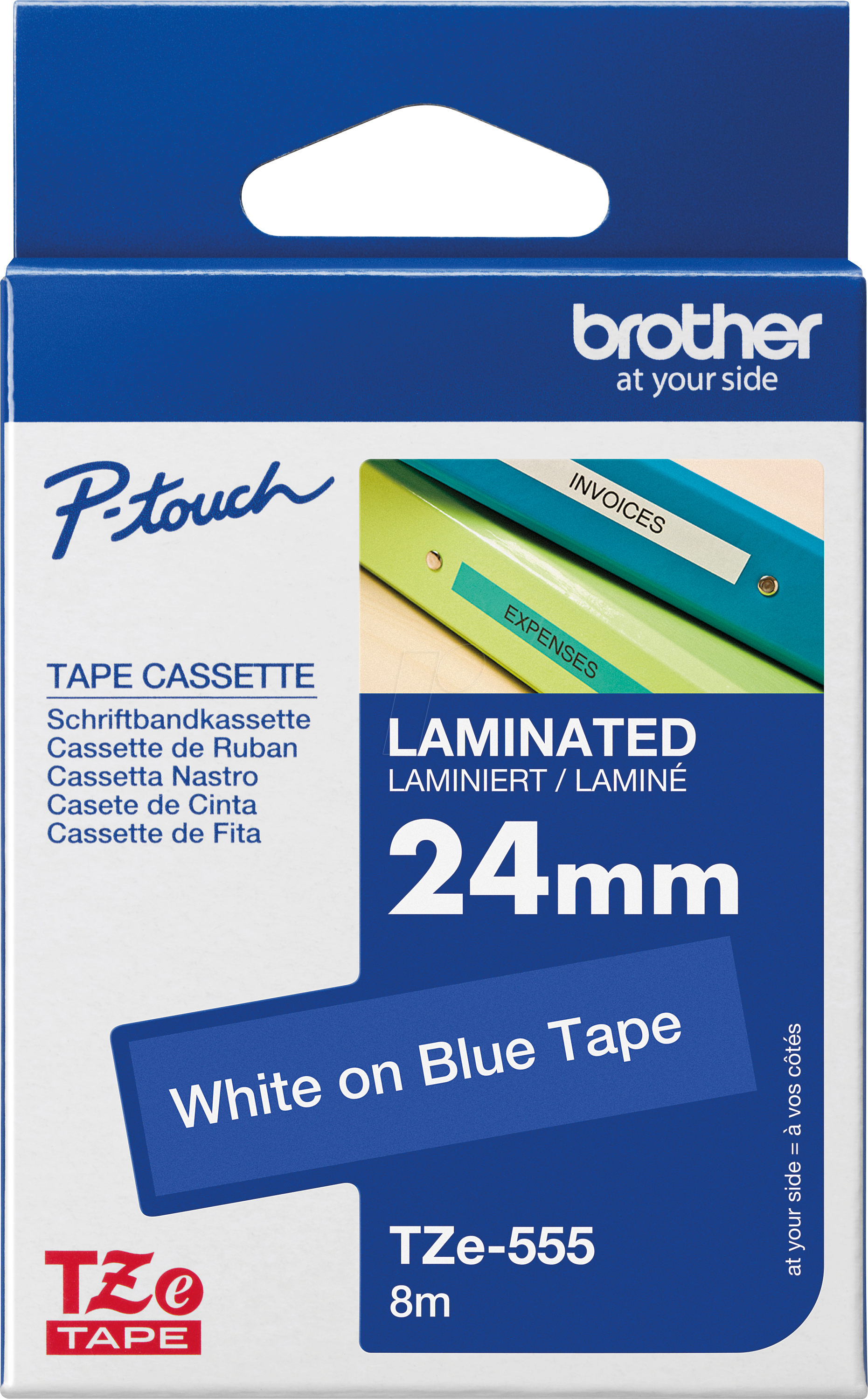 P-TOUCH TZE555 - laminiertes Schriftband, weiß auf blau, 24 mm