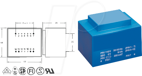 Thumbnail - EI 54/18,8 206 - Printtrafo, 16 VA, 2x 6 V, 2x 1333 mA, RM 30 mm