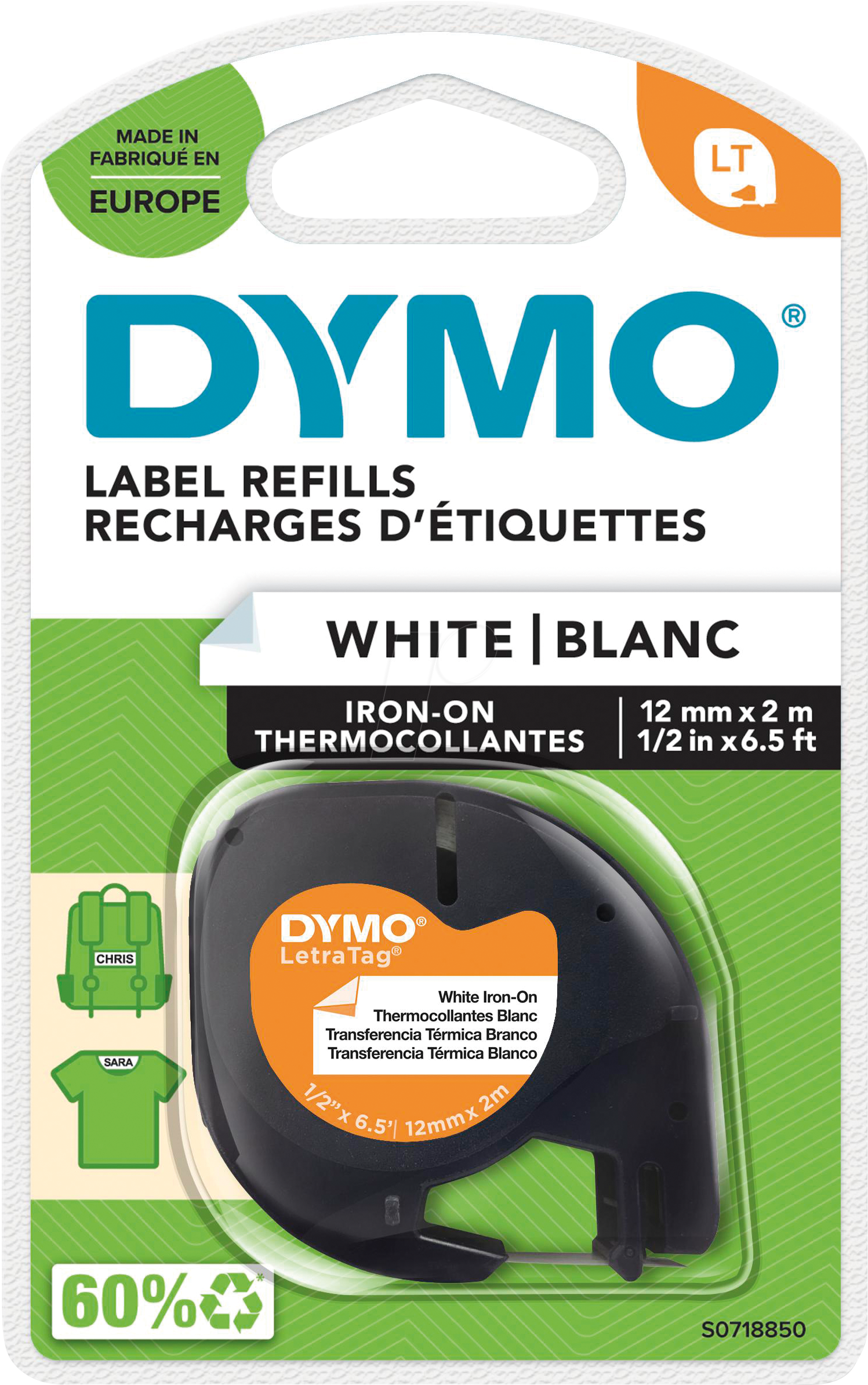 DYMO S0718850 - Aufbügelband, schwarz/weiß, LetraTag®