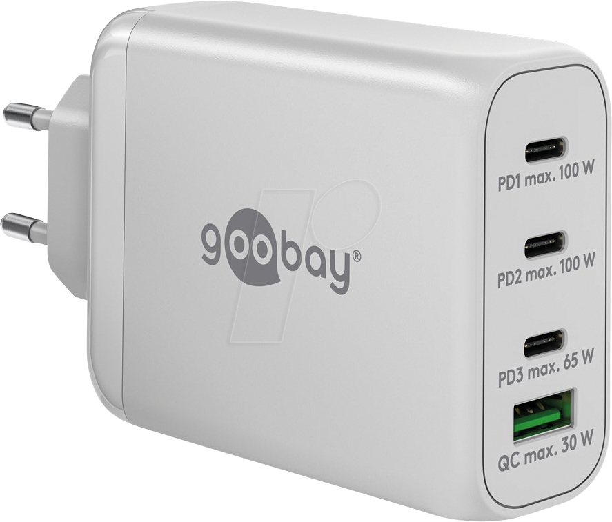 GOOBAY 65556 - USB-Ladegerät, 100 W, 1x USB-A (QC), 3x USB-C (PD), GaN, weiß