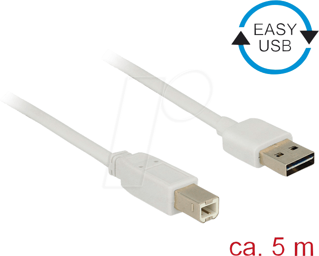 DELOCK 85155 - USB 2.0 kabel, EASY A Stecker auf B Stecker, 5 m, weiß