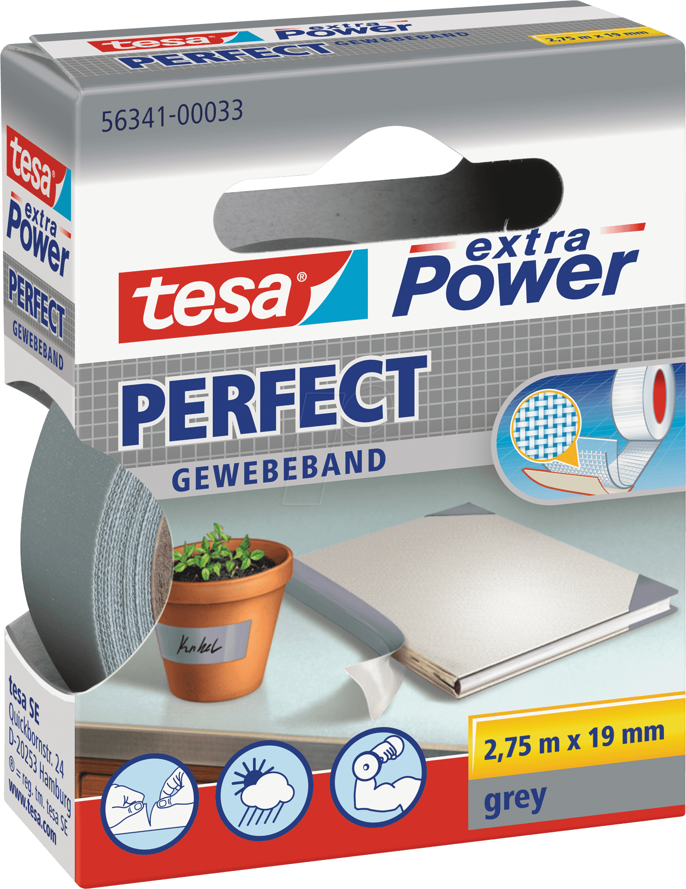 TESA 56341 GR - Gewebeband tesa extra Power® Perfect, 2,75 m x 19 mm, grau