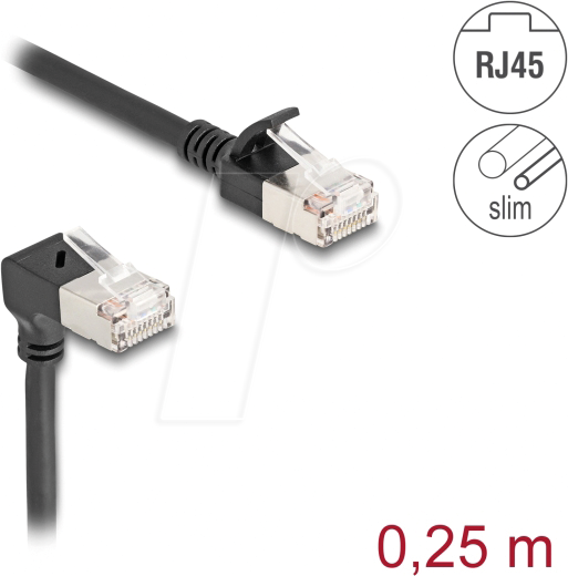 DELOCK 80303 - Cat.6a Patchkabel, S/FTP, unten gewinkelt / gerade, 0,25 m