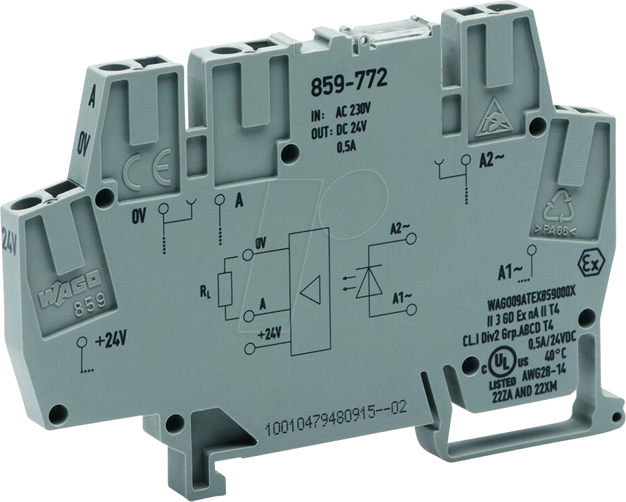 WAGO 859-772 - Optokopplermodul, E: AC 230 V, A: DC 20 … 30 V, 0,5 A, grau