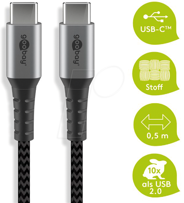 GOOBAY 49301 - Sync- & Ladekabel, USB-C > C, 0,5 m,Textil, schwarz