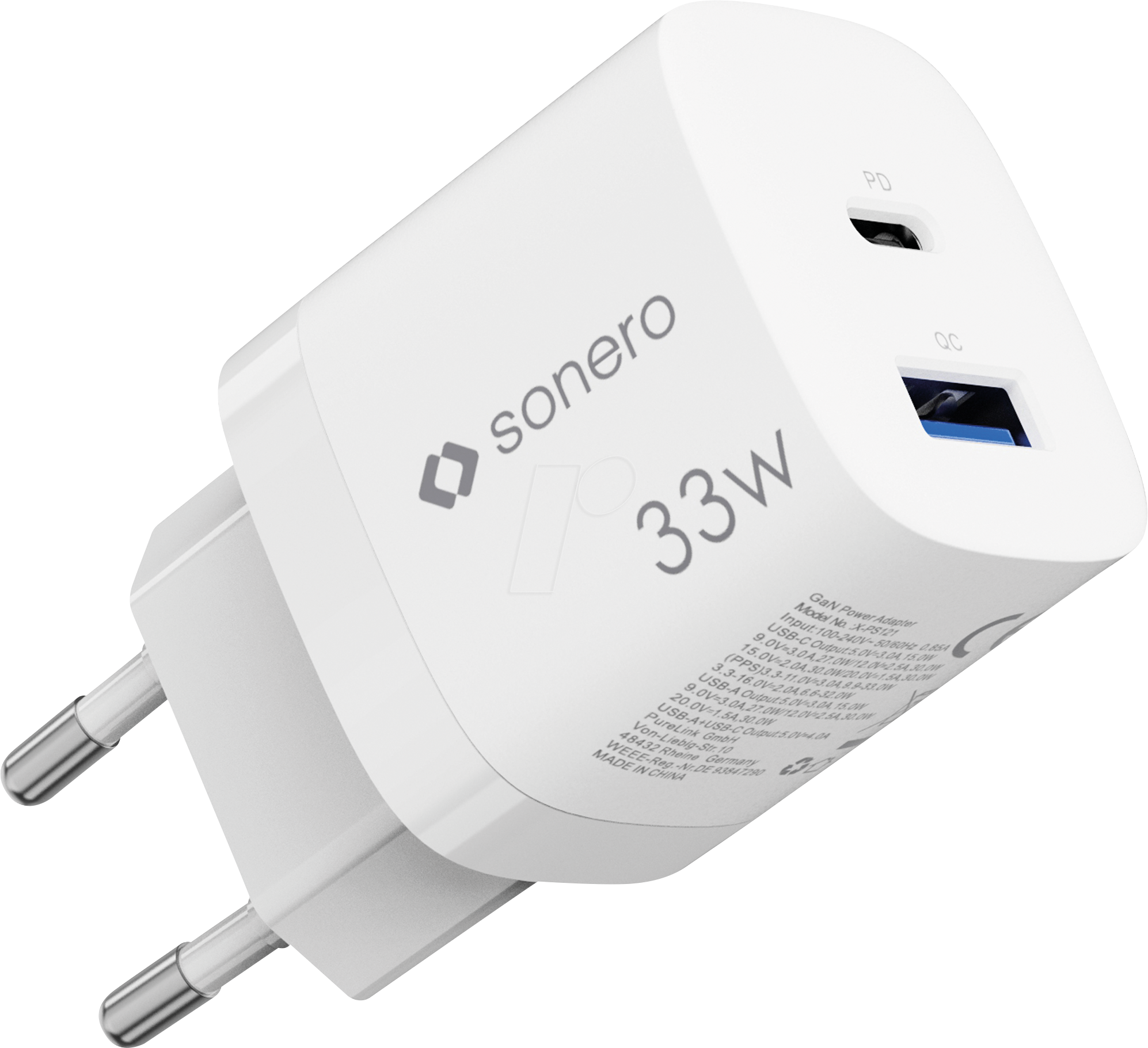 SON X-PS121 - USB-Ladegerät, 33 W, GaN, PD, 1x USB-C, 1x USB-A, weiß