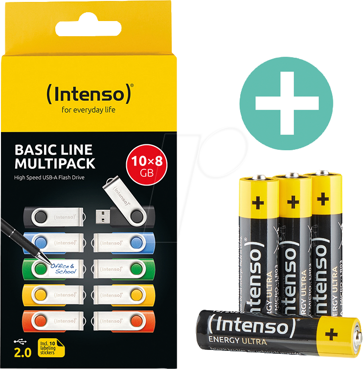 INTENSO 3503561B - USB-Stick, USB 2.0, 8 GB, 10er Pack, Batterie Bundle