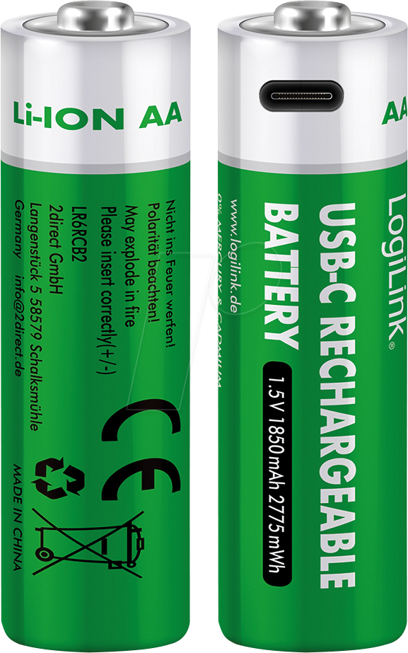 LOGILINK LR6RCB2 - Li-Ion-Akku, AA (Mignon), 1850 mAh, 1,5 V, 2er-Pack