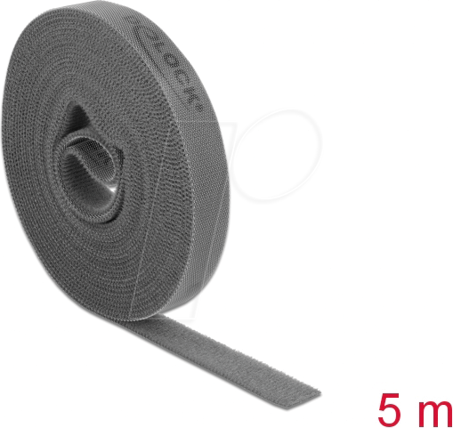 DELOCK 18390 - Klettband auf Rolle, 5 m x 15 mm, grau