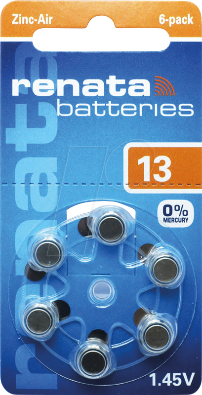 RENATA AIR 13 - Hörgerätebatterie, Zink-Luft, 7,9 x 5,4 mm, Aid 13, 6er-Pack