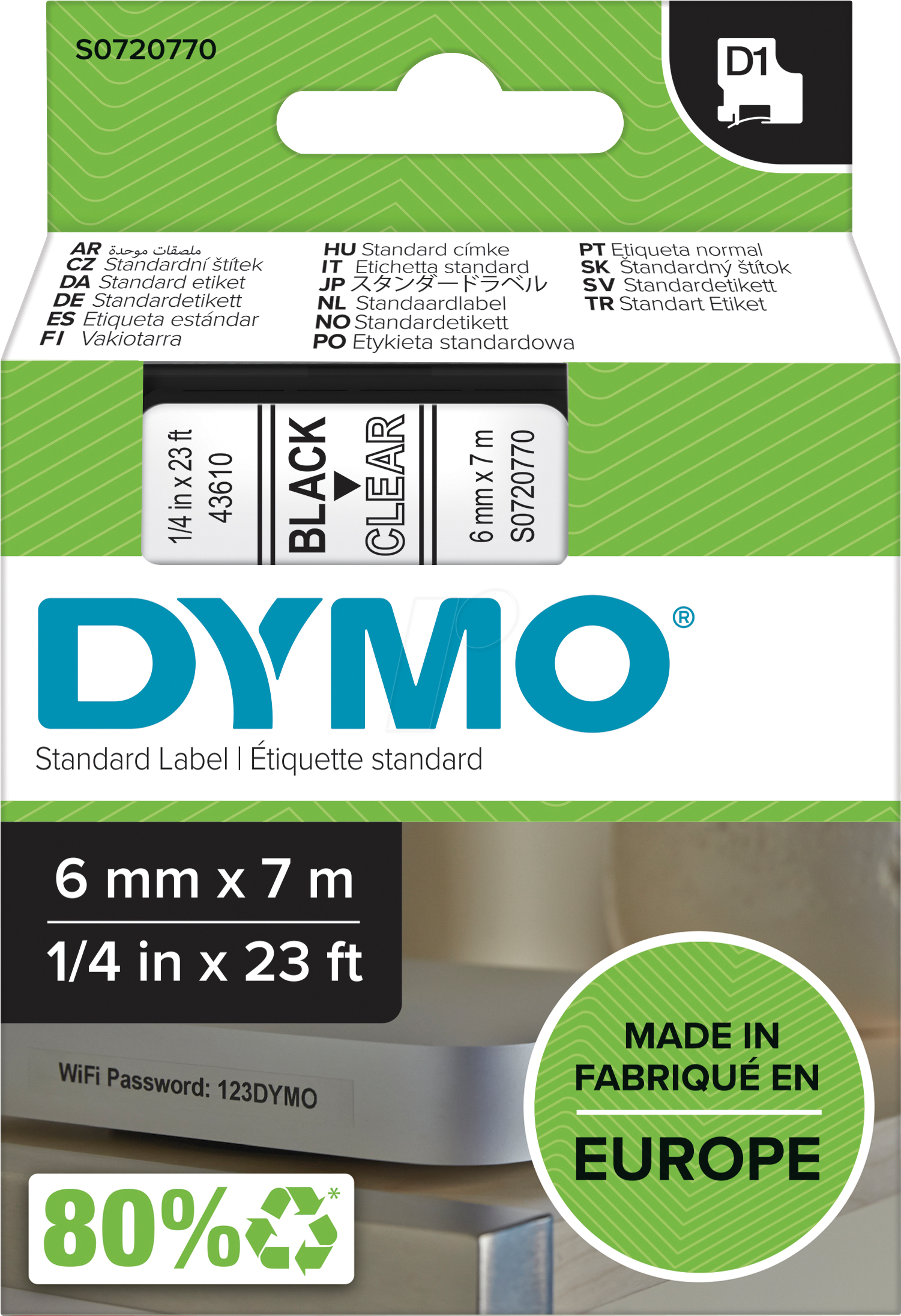 DYMO D1 43610 - DYMO D1 Schriftband, 6mm, schw./transparent