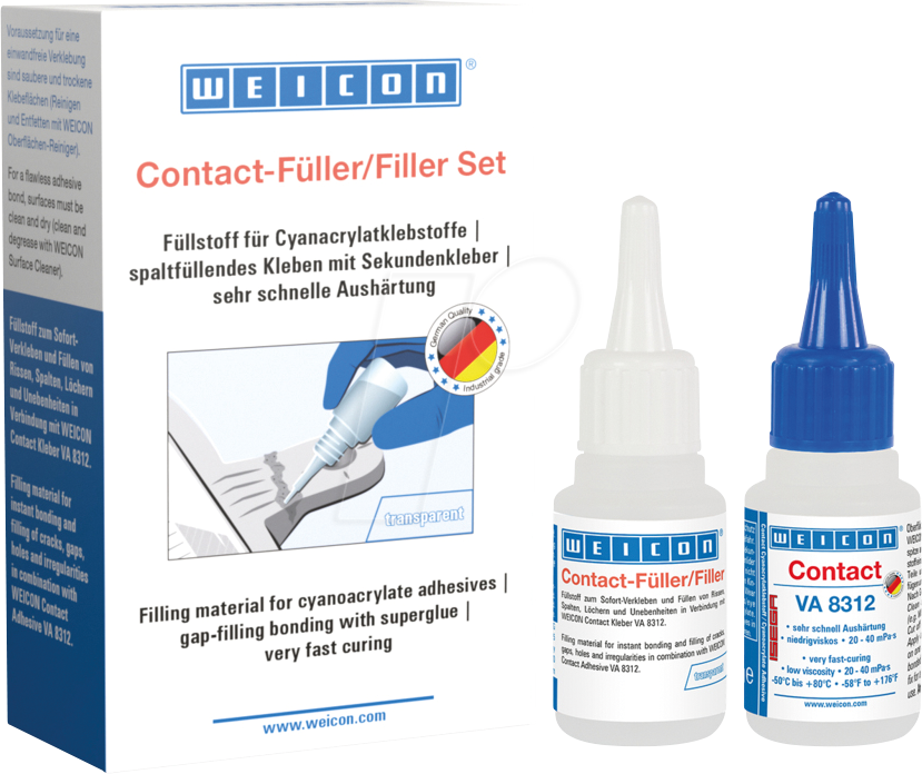 WEICON 12890001 - Cyanacrylat Kleber Set, Contact VA 8312 + Füller, 20 g, klar