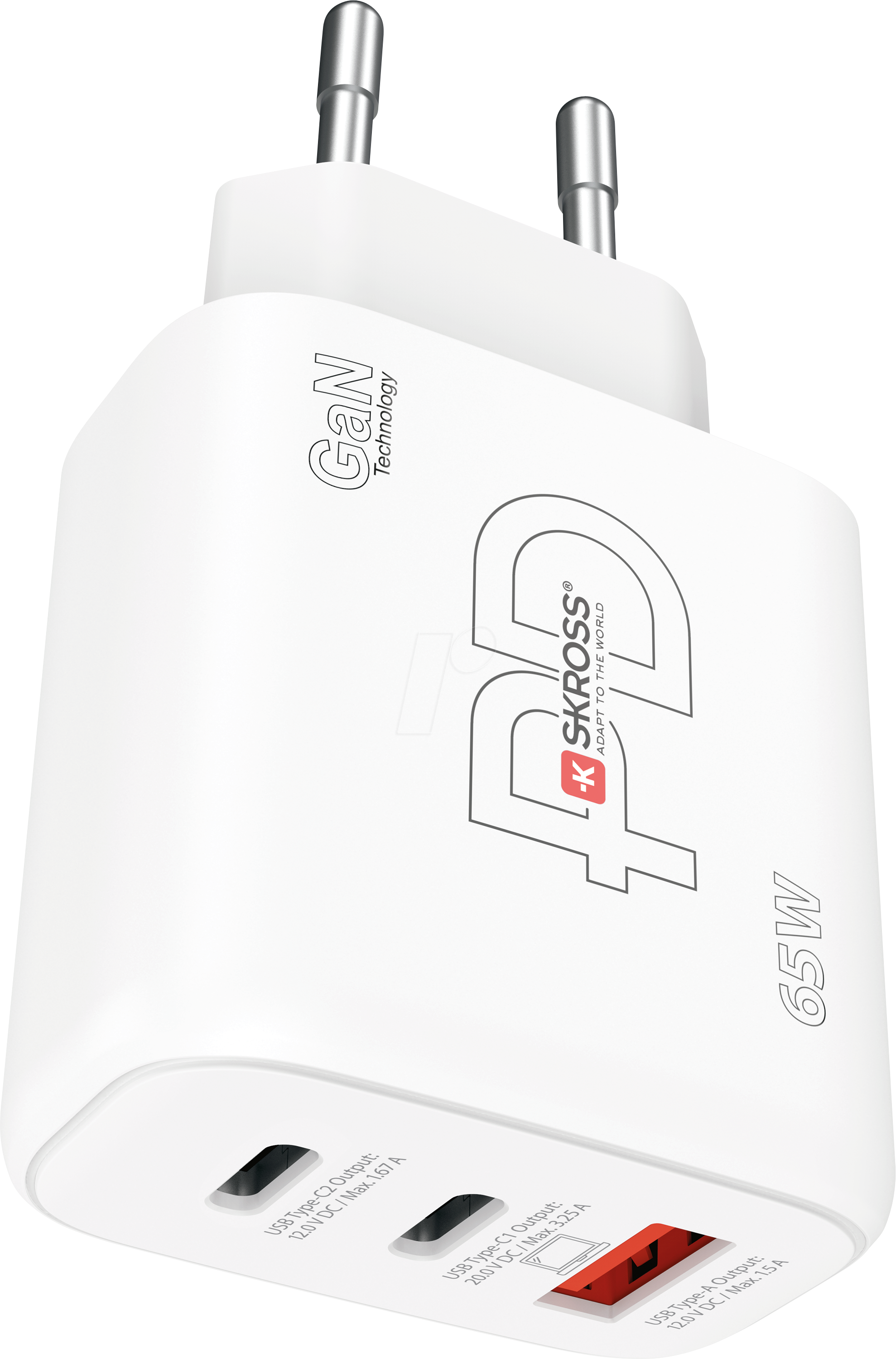 Thumbnail - SKROSS 65WPDEUCN - USB-Ladegerät, 65 W, GaN, 5 - 20 V, 2x USB-C, 1x USB-A (QC), EU