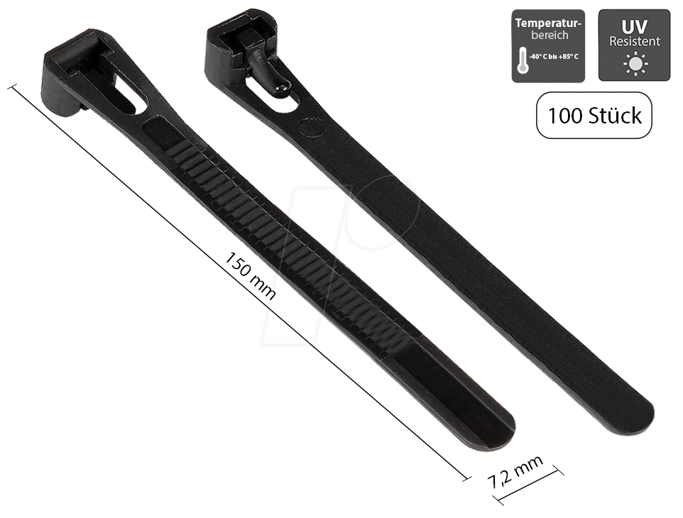 GC KAB-R15S72 - Kabelbinder, wiederlösbar, 150 mm, schwarz, UV-beständig, 100er-