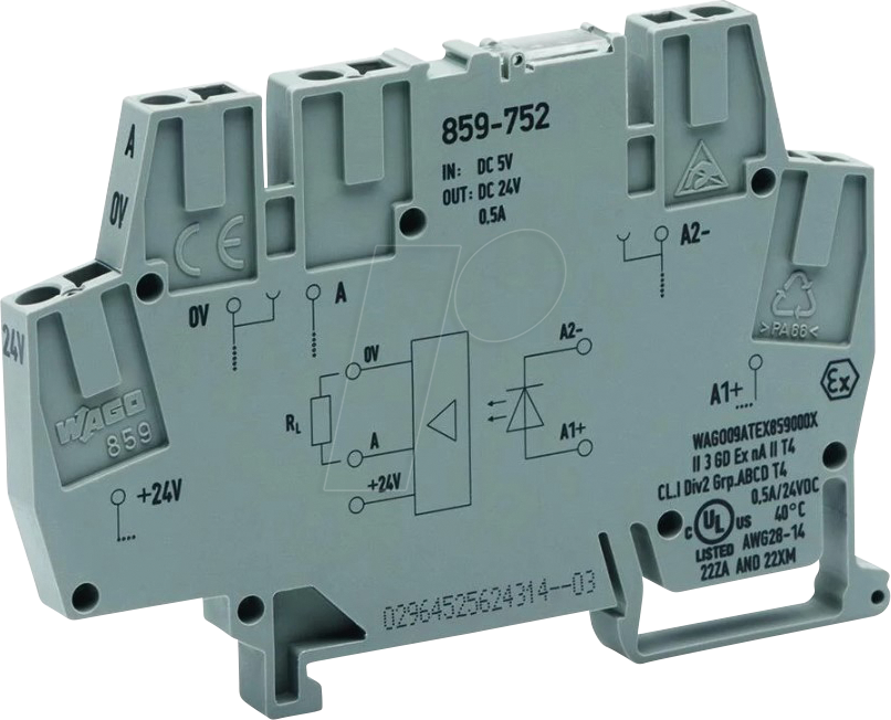 WAGO 859-752 - Optokopplermodul, E: DC 5 V, A: DC 0 … 24 V, 0,5 A, grau