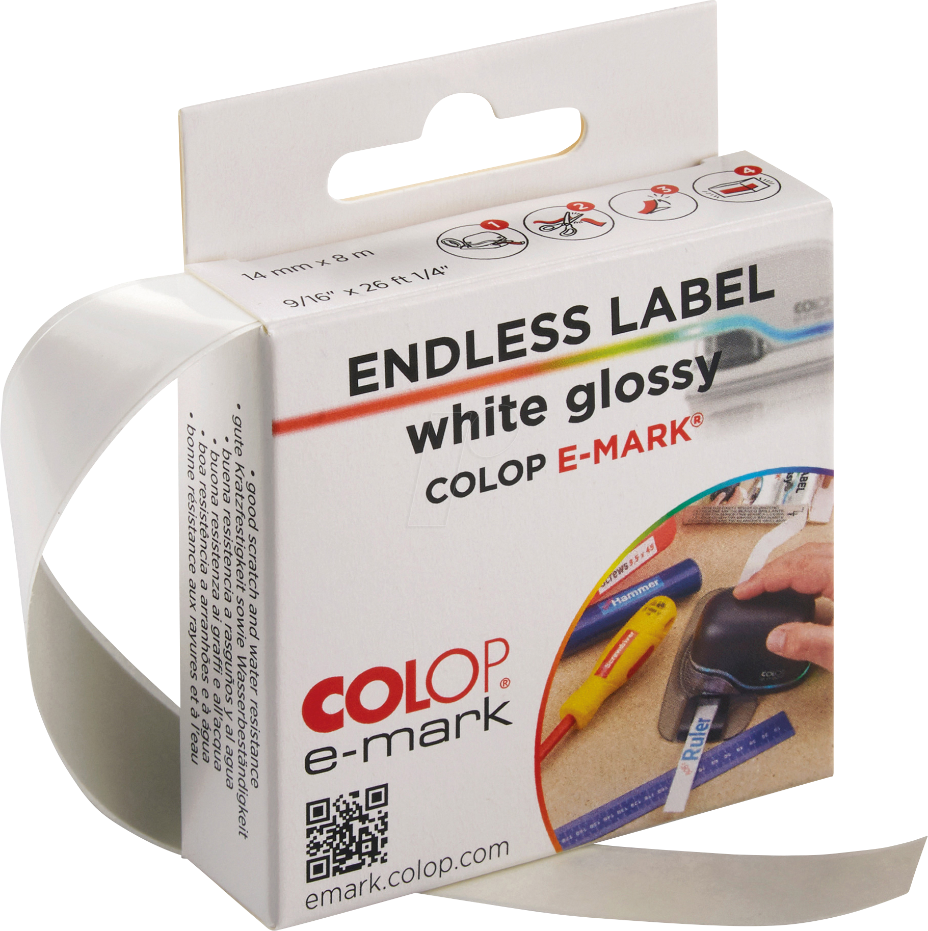 COLOP 155361 - e-mark® Endlosetikettenband, weiß-glänzend, 14mm x 8m