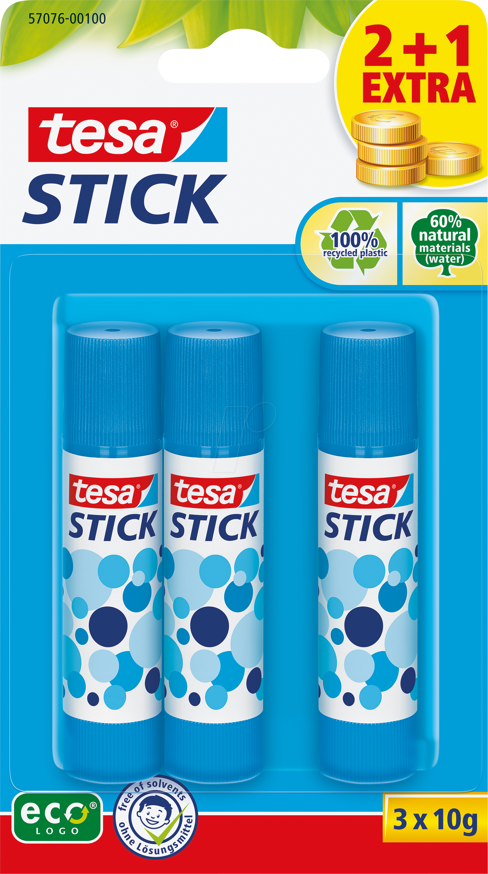 TESA 57076BL - 2+1 tesa® Stick ecoLogo 10g, blau