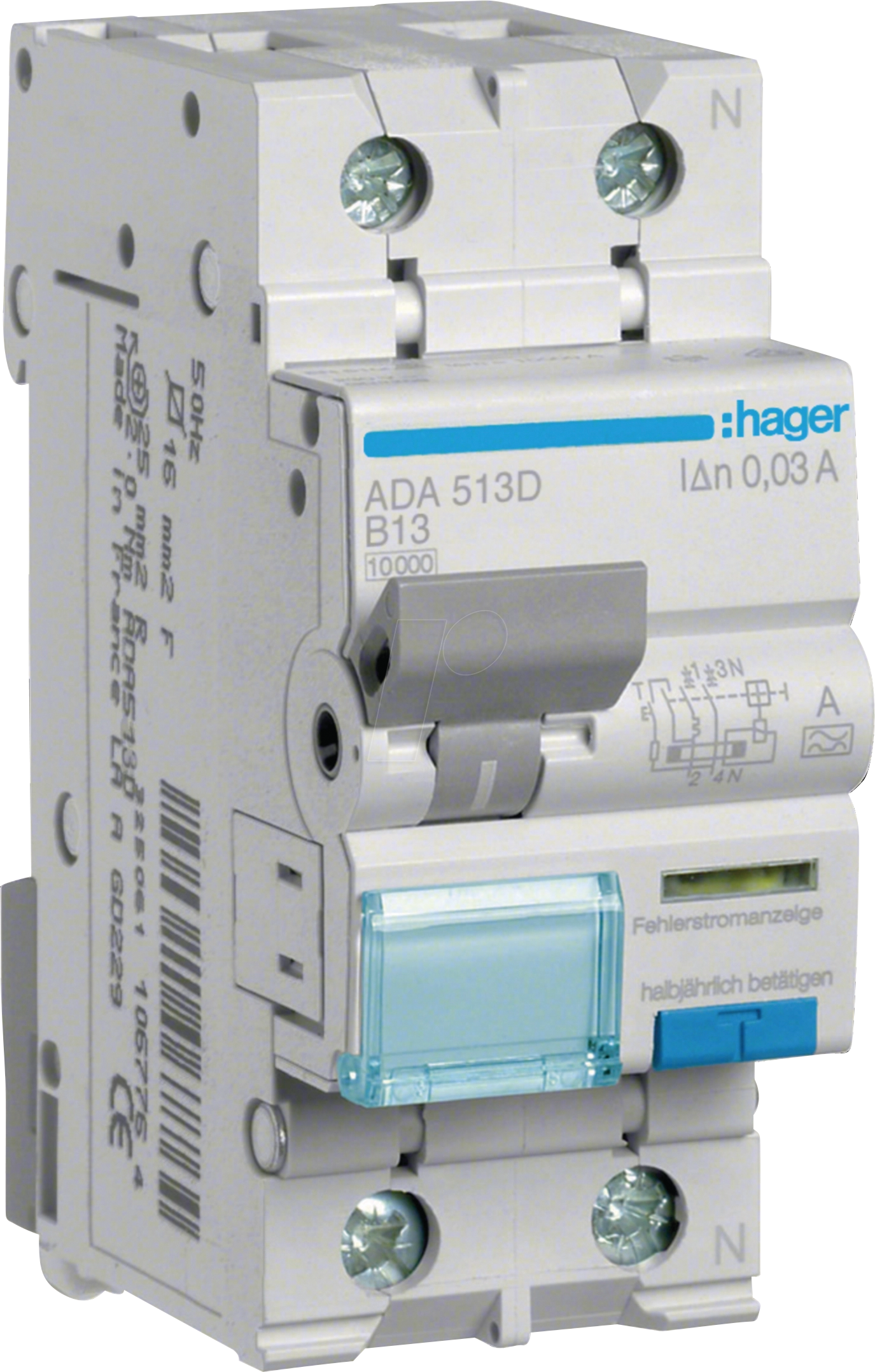 HAGER ADA513D - FI/LS-Schalter, 1P+N 10kA B-13A 30mA Typ A