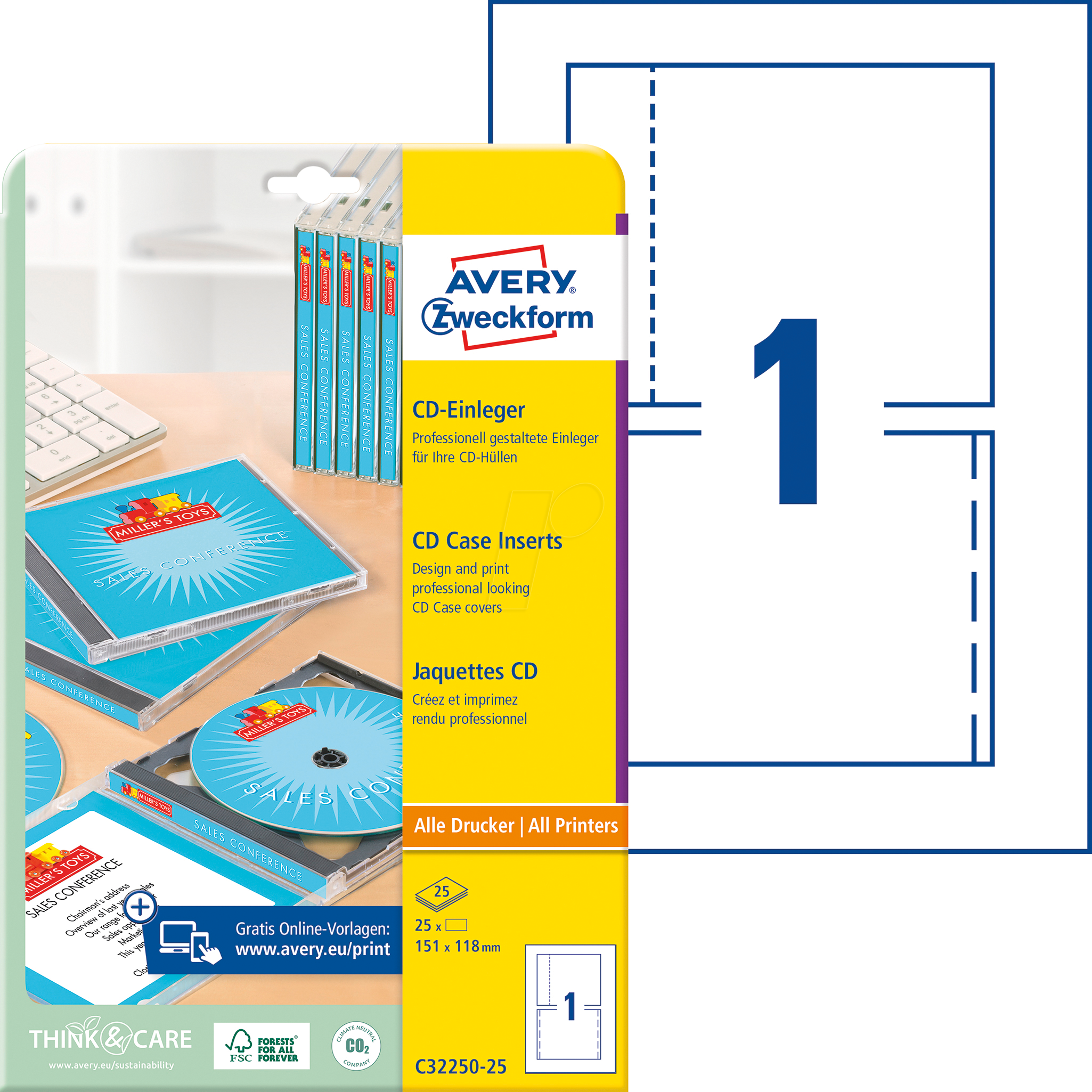 AVZ C32250-25 - CD-Einleger, Inkjet, Laser, 25 Stück, weiß