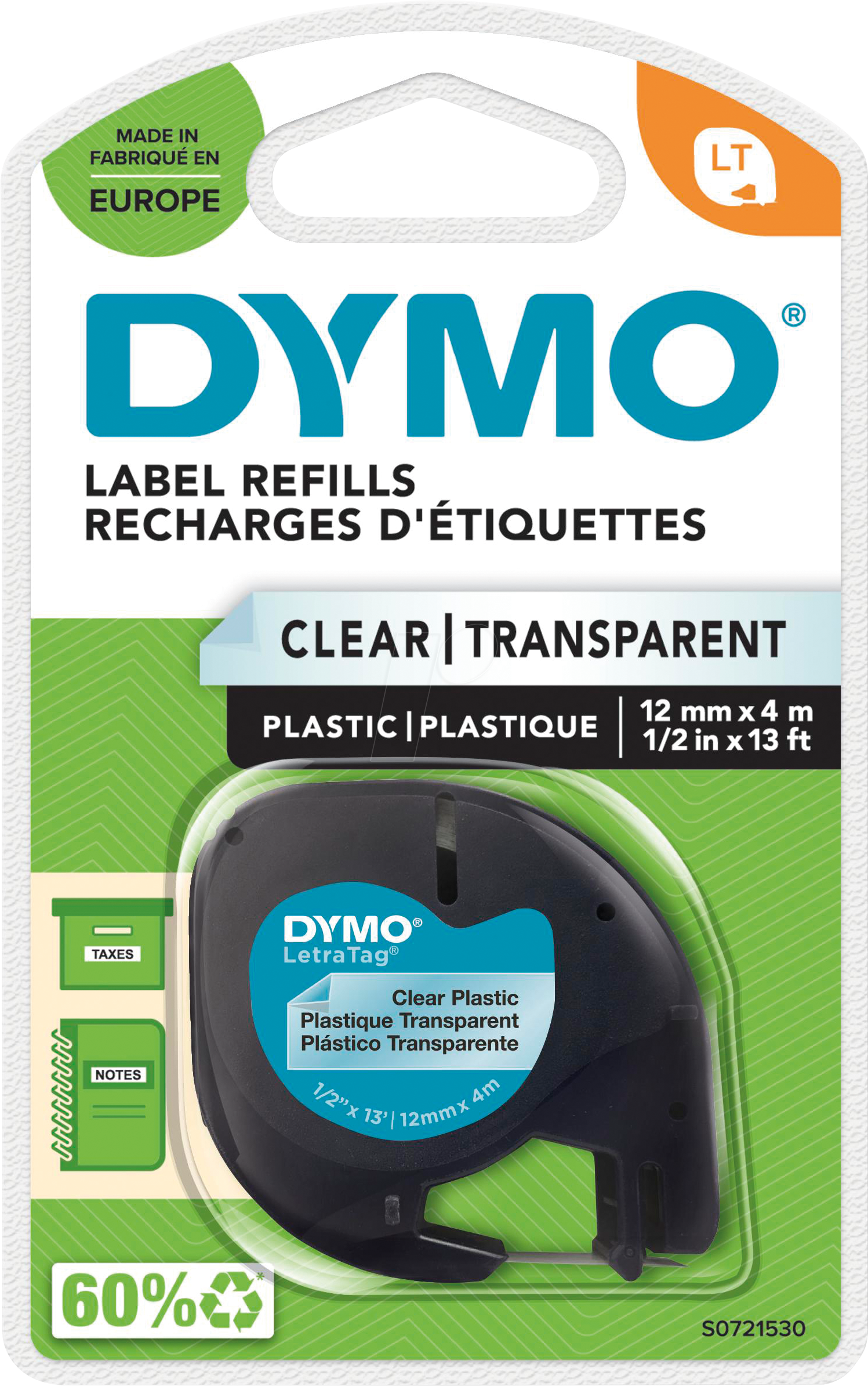 DYMO S0721530 - Beschriftungsband, Plastik, schwarz/transparent, LetraTag®