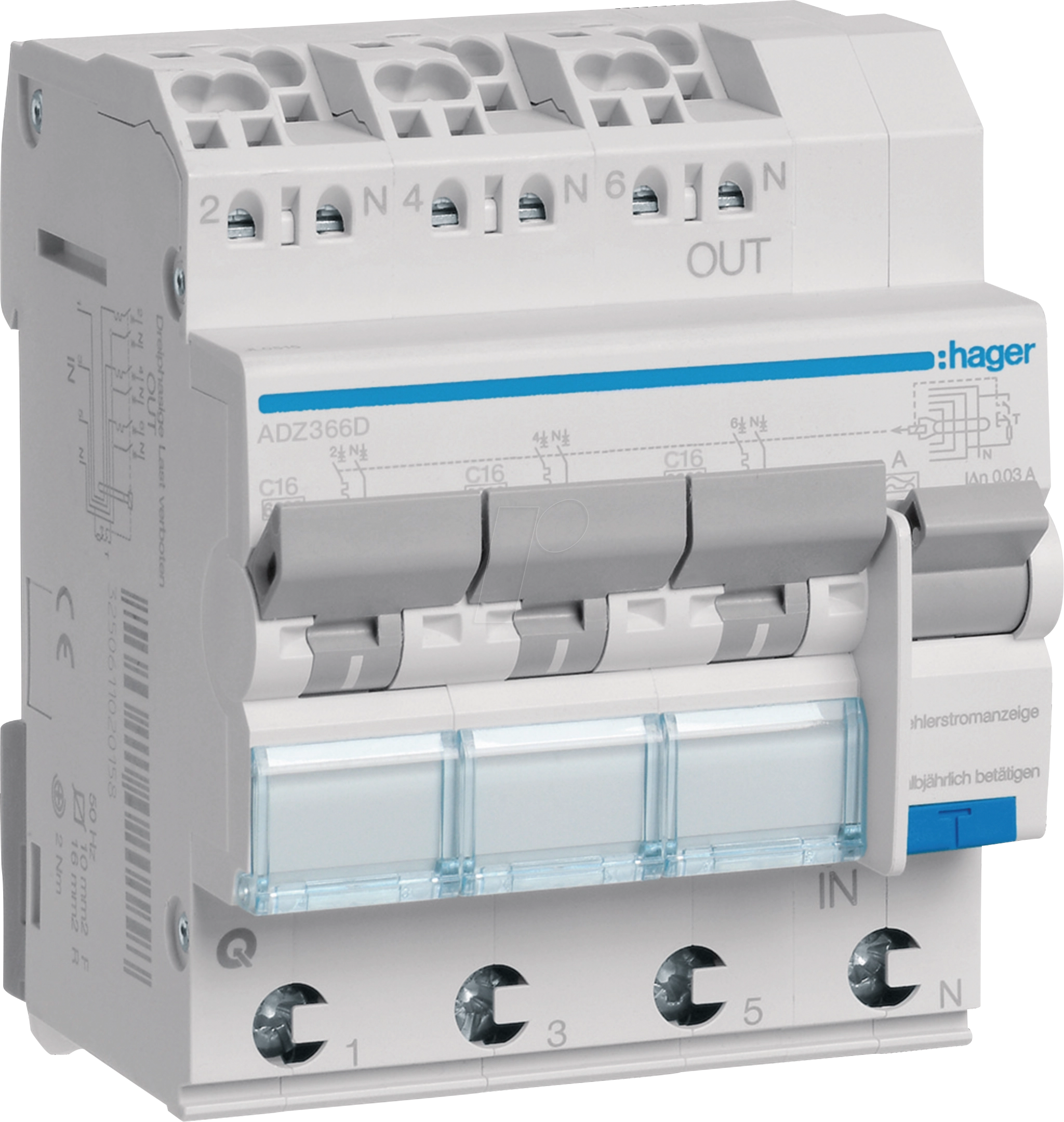 HAGER ADZ366D - FiLS-Schalter, 3x(1P+N) 6kA C-16A 30mA Typ A