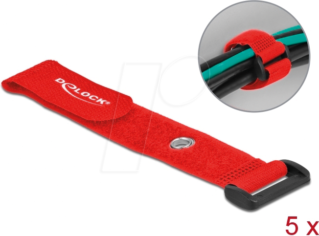 DELOCK 19545 - Klett-Kabelbinder mit Schlaufe und Öse L 190 x B 25 mm rot 5 Stk