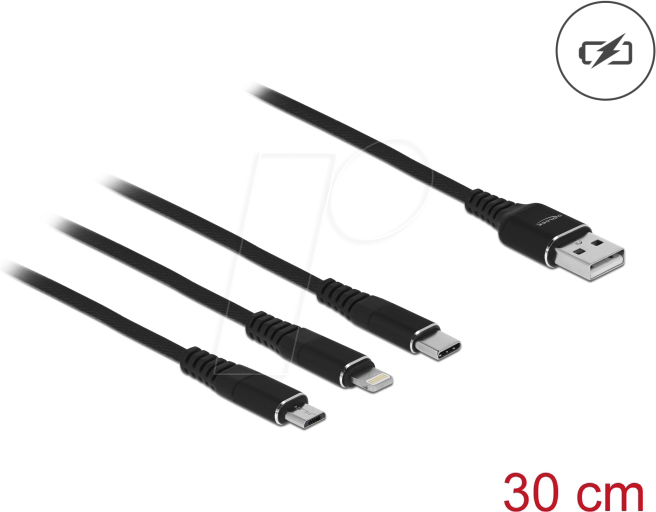 DELOCK 87152 - Ladekabel, USB-A -> micro USB, Lightning & USB-C, schwarz, 30 cm