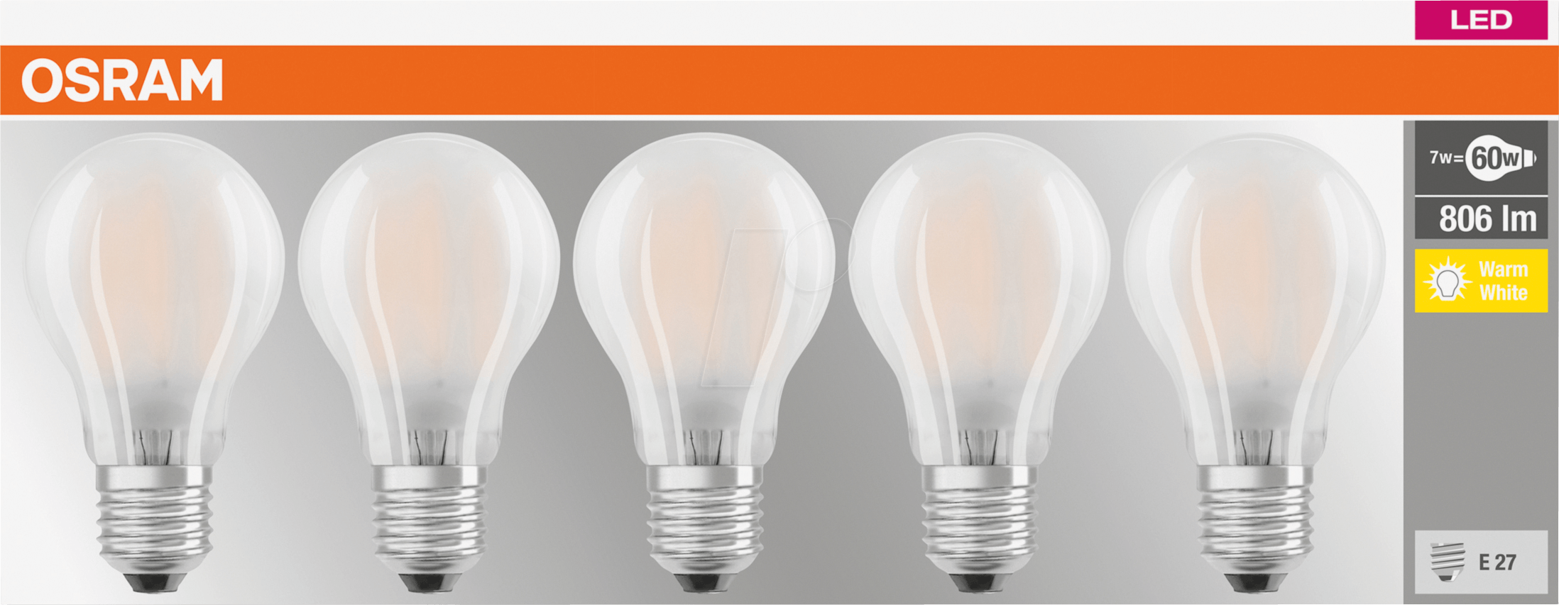 Thumbnail - OSR 405807509062 - LED-Lampe BASE E27, 7 W, 806 lm, 2700 K, Filament, 5er-Pack