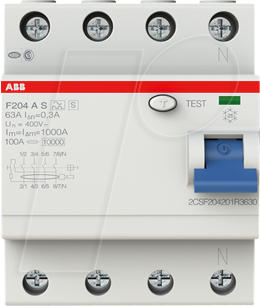 ABB F204AS-6303 - Fehlerstromschutz-Schalter, Typ A, 63 A, 300 mA, 4 polig