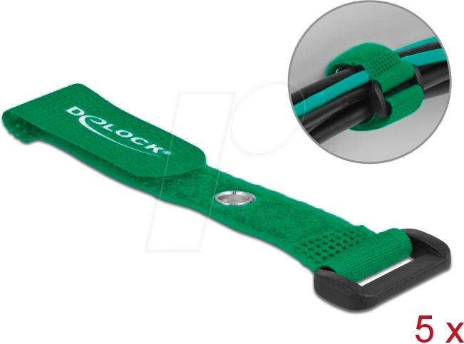 DELOCK 19541 - Klett-Kabelbinder mit Schlaufe und Öse L 150 x B 20 mm grün 5 St