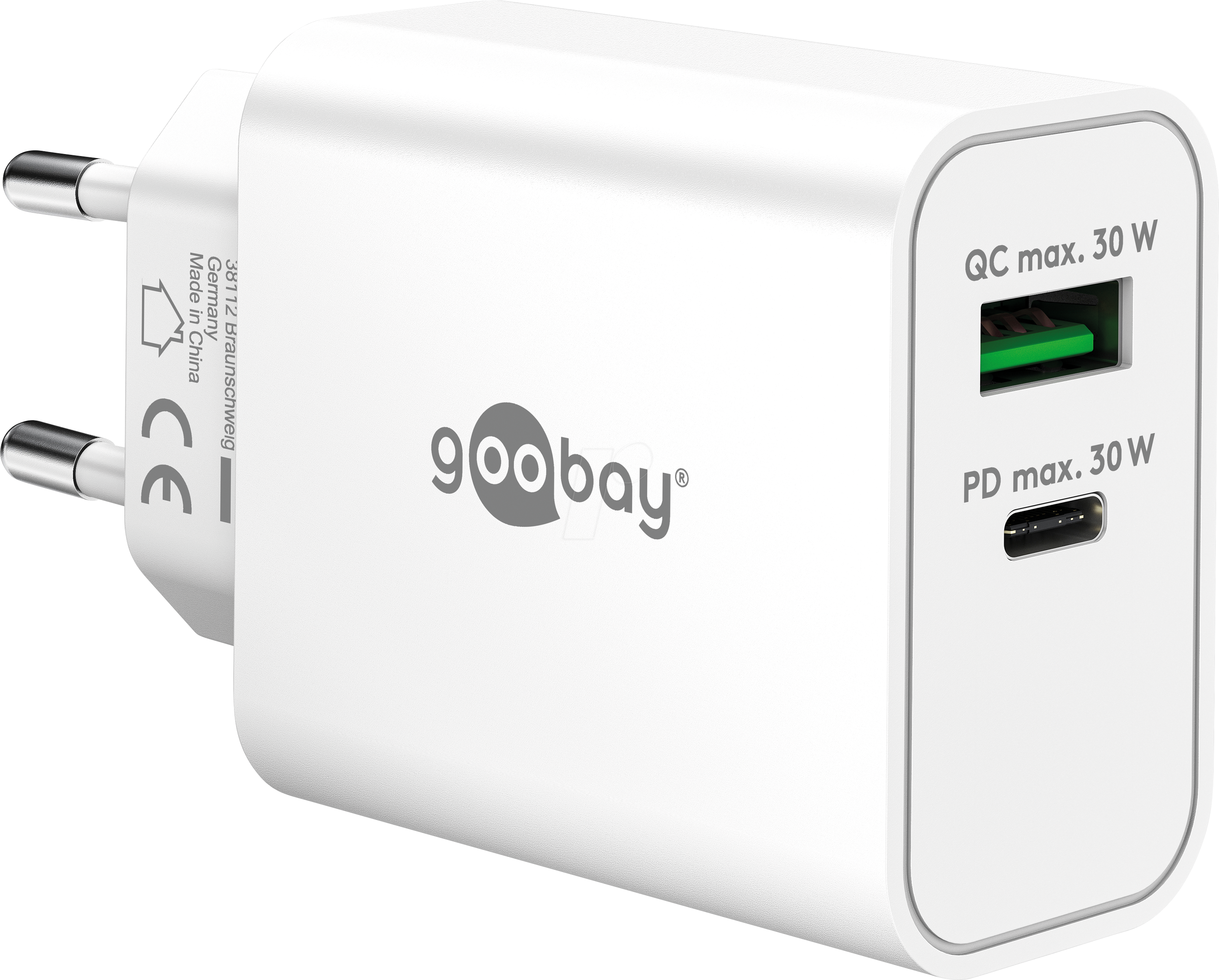 GOOBAY 75336 - USB-Ladegerät dual, 30 W, 1xUSB-C PD 1x USB-A QC, GaN, weiß
