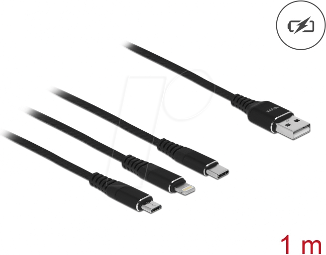 DELOCK 87155 - Ladekabel, USB-A -> micro USB, Lightning & USB-C, schwarz, 1 m