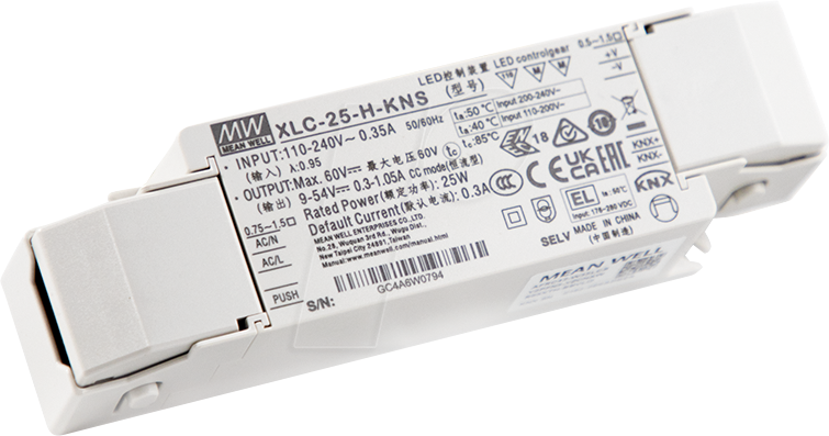 MW XLC-25-H-KNS - LED-Netzteil, 25 W, 9 - 54 V, 0,3 - 1,05 A, KNX, CP, Zugentlast.