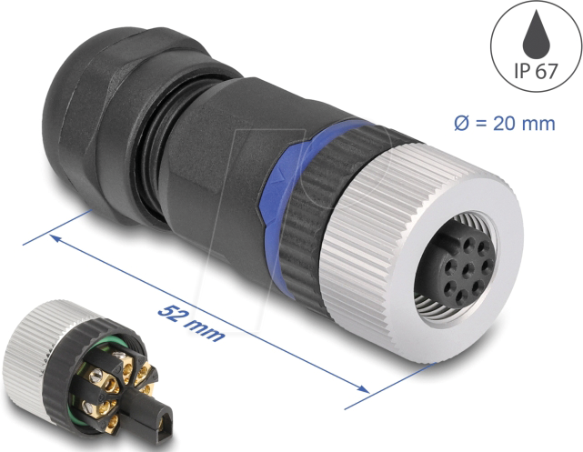 DELOCK 60538 - M12 Steckverbinder A-kodiert 8 Pin Buchse, mit Schraubanschluss