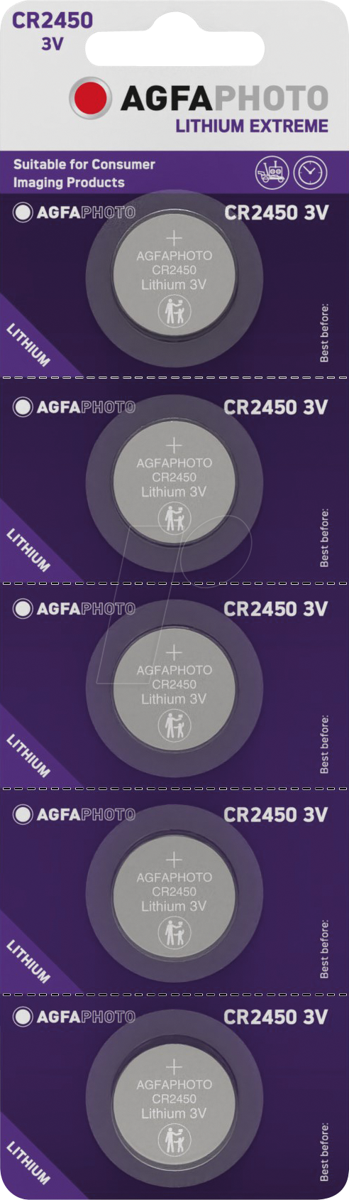 Thumbnail - AGFA CR2450 X5 - Lithium-Knopfzelle, CR2450, 3V, 24,5x3,0 mm, 5er-Pack