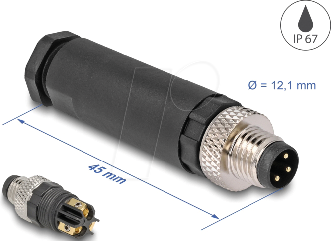 DELOCK 60529 - M8 Steckverbinder A-kodiert 3 Pin Stecker, mit Schraubanschluss