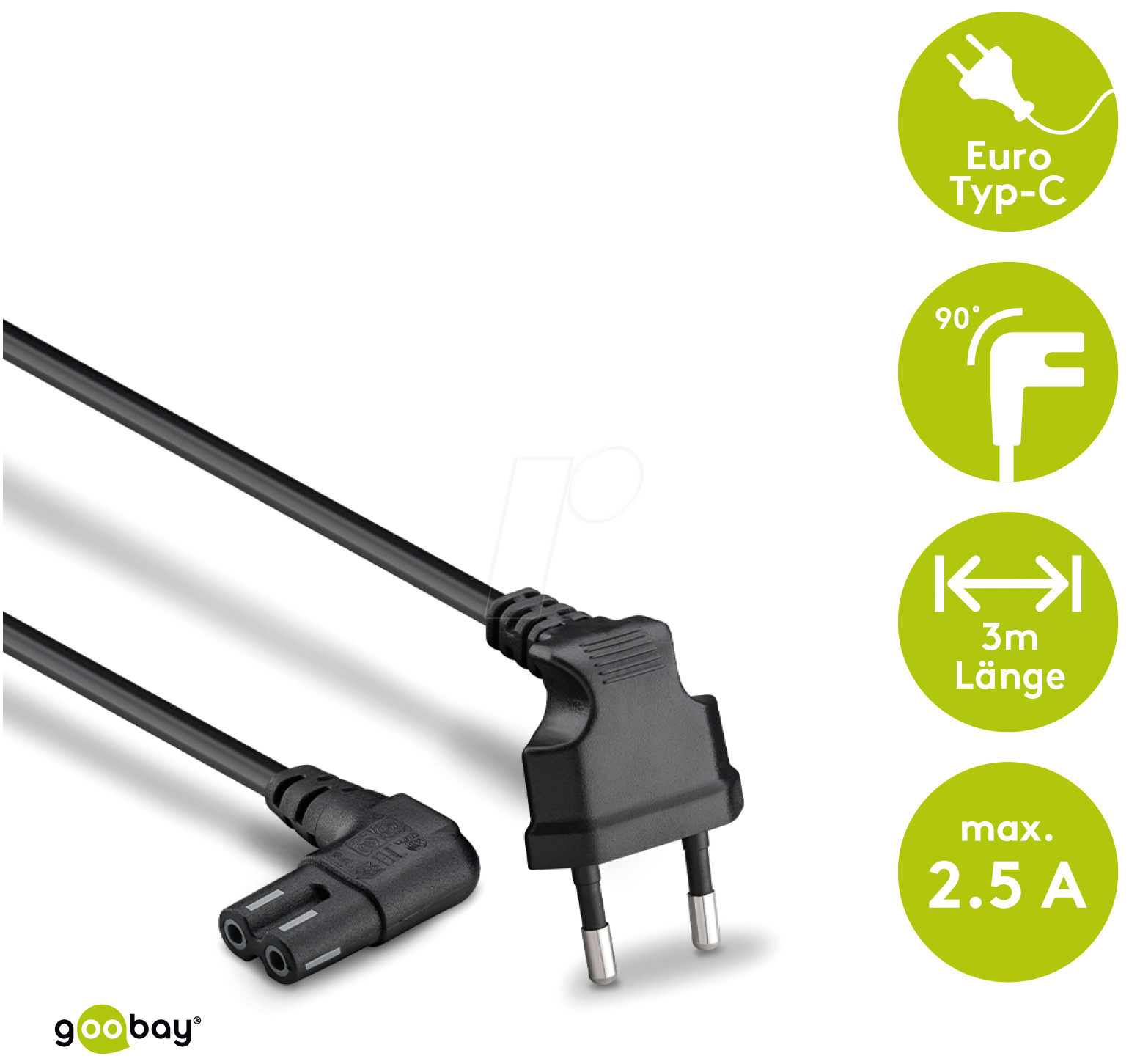 GOOBAY 97354 - Anschlusskabel Eurostecker beidseitig abgewinkelt, 3 m, Schwarz