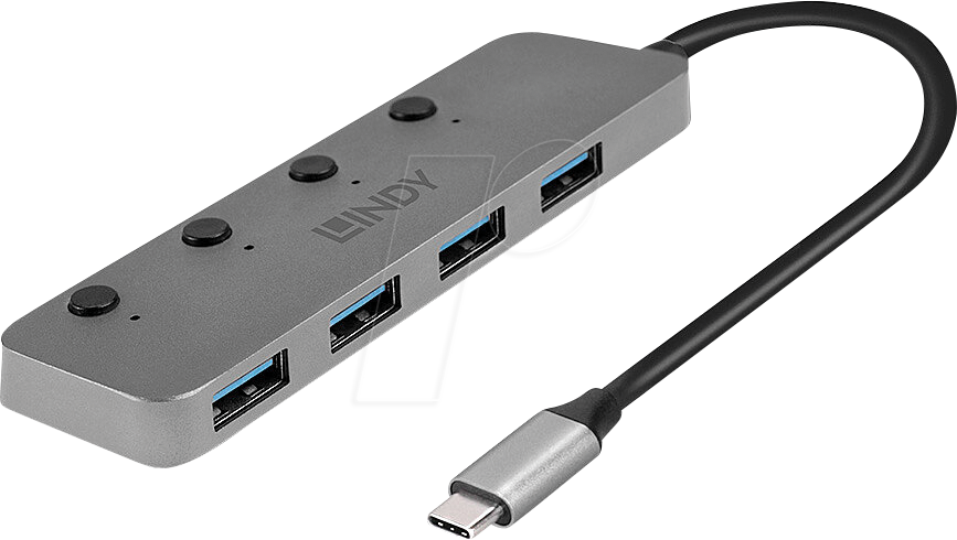 LINDY 43383 - USB 3.0 4-Port Hub, 4x A, Schalter