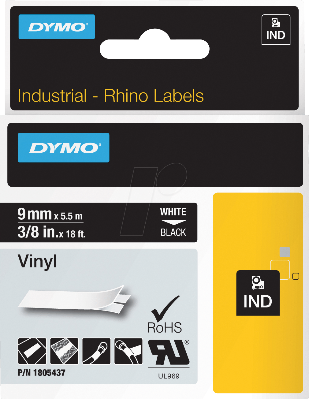 DYMO IND 1805437 - DYMO IND Band Vinyl, 9mm, weiß/schwarz