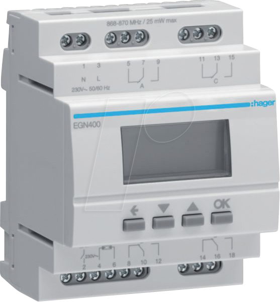 HAGER EGN400 - Digitale Multifunktions-Zeitschaltuhr mit Bluetooth, 4-Kanal