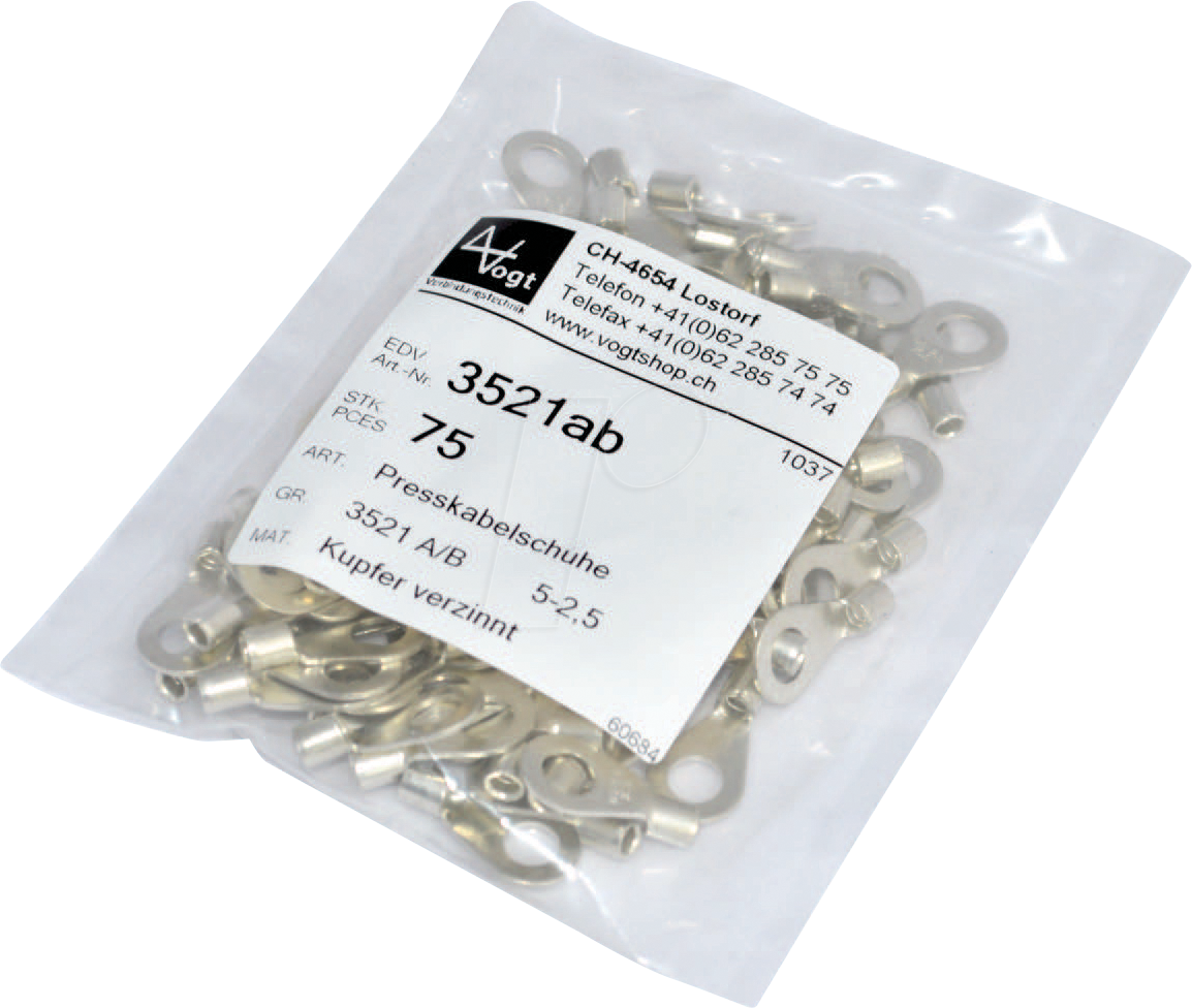 VT 3521AB - Presskabelschuhe, Kupfer verzinnt, M5, 1,5-2,5 mm², 75 Stk.